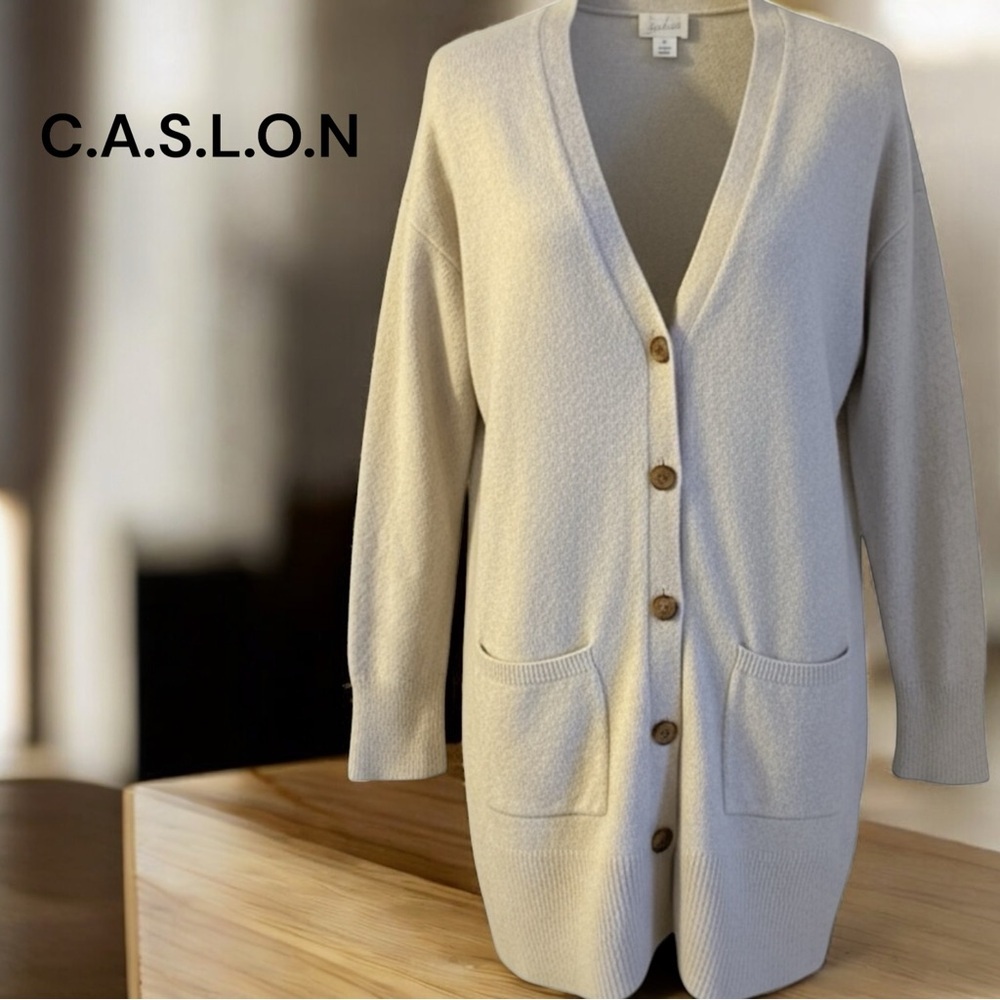 Caslon Long Button Front Cardigan Sweater Coat Beige Organic Cotton Wool Pockets